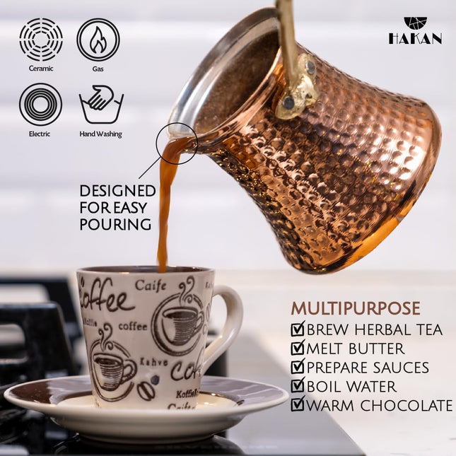 Hakan Turkish Coffee Pot | Stove Top Water Boiler, Coffee Maker, Butter, Chocolate &amp; Milk Warmer | Even and Quick Heat with Handcrafted Copper Material | Coffee Gifts Idea, 10.5 Oz (310 cc)