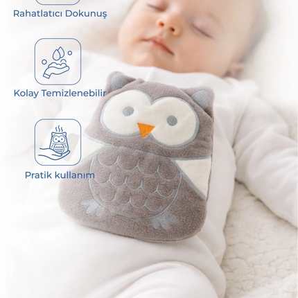 Babyjem Kiraz Çekirdekli Baykuş Kadife Rahatlatıcı Gaz Kemeri & Gaz Yastığı - Gri