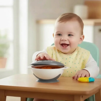 Babyjem Vakumlu Sabitlenebilir Kapaklı Mama Beslenme Tabağı Gri (BPA İçermez)