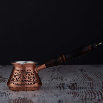 DEMMEX Thickest Engraved Solid Copper Turkish Coffee Pot – Stovetop Greek, Arabic Coffee Maker, Cezve, Ibrik, Briki – Wooden Handle &amp; Spoon - Handmade in Turkey (Matte Copper, 9 fl Oz (3ppl))
