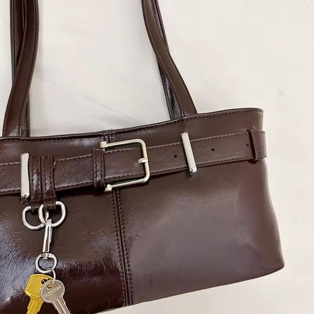 Base'ic Women's Vegan Leather Shoulder Bag with Belted Detail &amp; Key Charm – Medium Tote Handbag for Everyday, Work &amp; Travel (Dark Brown)