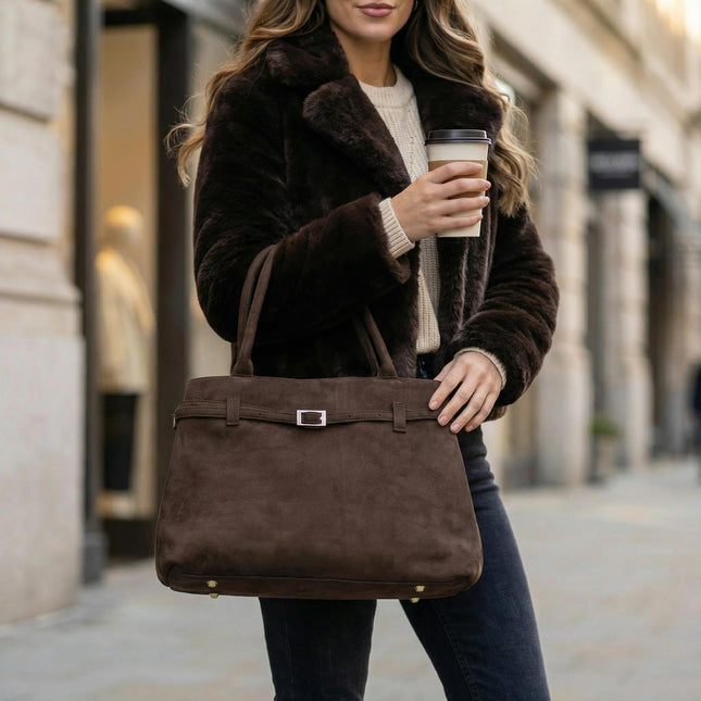 Base'ic Brown Suede Tote Bag - Vegan Brown Suede Purses for Women with Gold Hardware, Adjustable Belt, Magnetic Closure - Elegant Shoulder Bag Hobo Bag - Stylish Brown Purse - Work Bag, City Bag