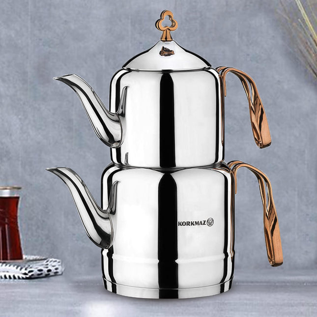 korkmaz A213 Çintemani Tea Pot Rose Gold, Stainless Steel, Solar Base, Teapot Sets for Adults, Turkish Tea Set