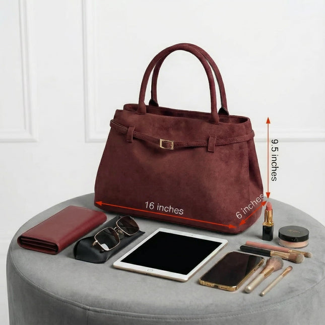 Base'ic Burgundy Suede Tote Bag - Vegan Burgundy Suede Purses for Women with Gold Hardware, Adjustable Belt, Magnetic Closure - Elegant Shoulder Bag Hobo Bag - Stylish Suede Purse - Work Bag, City Bag
