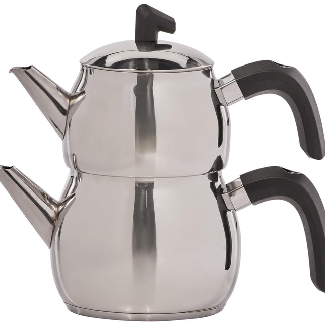 Karaca Belinay Teapot Set Silver Black, 18/10 Stainless Steel, Teapot/Lid (1 lt, 2.20 lb), Tea Kettle (1.6 lt, 3.5 lb), Suitable for Induction