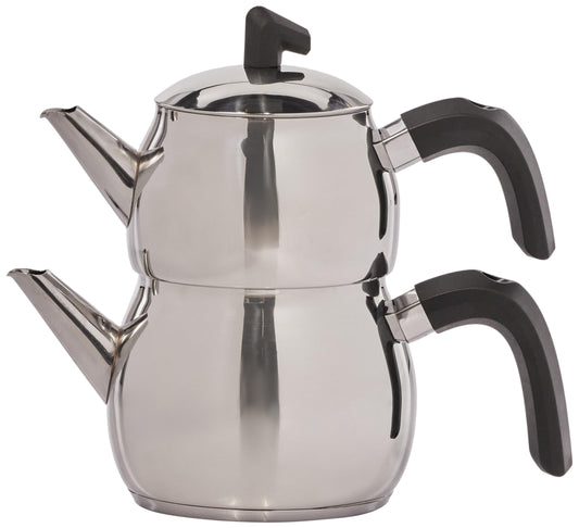 Karaca Belinay Teapot Set Silver Black, 18/10 Stainless Steel, Teapot/Lid (1 lt, 2.20 lb), Tea Kettle (1.6 lt, 3.5 lb), Suitable for Induction