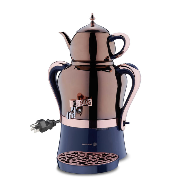 Korkmaz Hanedan A843-05 Stainless Steel Samovar, Upper Pot 1.3 L (43.9 Oz), Bottom Pot 3.5 L (118.3 Oz) Electric Turkish Tea Maker Set, Double Pots Tea Machine, Rosegold, 110 V US Plug, 5.1- Quart