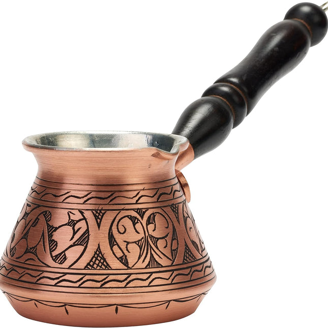 DEMMEX Thickest Engraved Solid Copper Turkish Coffee Pot – Stovetop Greek, Arabic Coffee Maker, Cezve, Ibrik, Briki – Wooden Handle &amp; Spoon - Handmade in Turkey (Matte Copper, 9 fl Oz (3ppl))