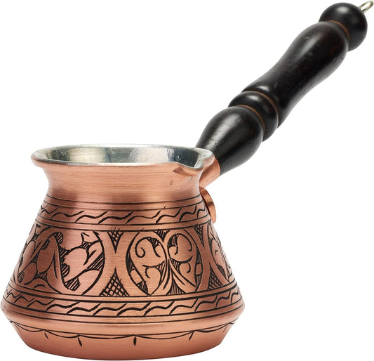 DEMMEX Thickest Engraved Solid Copper Turkish Coffee Pot – Stovetop Greek, Arabic Coffee Maker, Cezve, Ibrik, Briki – Wooden Handle & Spoon - Handmade in Turkey (Matte Copper, 9 fl Oz (3ppl))