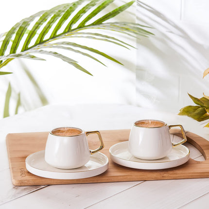 KARACA Saturn Turkish Coffee Cups, Espresso Cups Set of 2 Includes 4 Pieces, 3 oz Espresso Cup Set, Small Espresso Cups and Saucers, Set of 2 Demitasse Cups with Gold Handle on White Porcelain