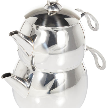 Karaca Belinay Teapot Set, Medium,18/10 Stainless Steel, Turkish Tea Set, Tea Maker, Teapot &amp; Lid (1L 2.2lb) Tea Kettle (1.6L 3.5lb), Tea Sieve, Turkish Tea Maker, Double Teapots, Durable, Silver