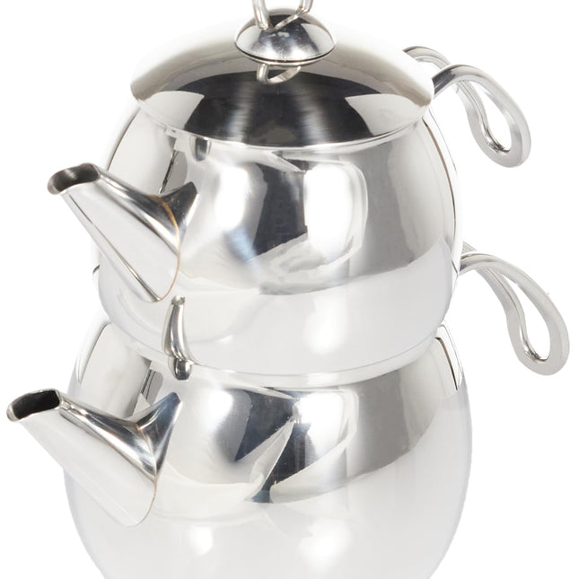 Karaca Belinay Teapot Set, Medium,18/10 Stainless Steel, Turkish Tea Set, Tea Maker, Teapot &amp; Lid (1L 2.2lb) Tea Kettle (1.6L 3.5lb), Tea Sieve, Turkish Tea Maker, Double Teapots, Durable, Silver