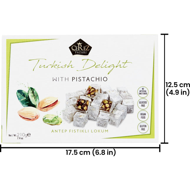 Cerez Pazari Turkish Delight Pistachio Candy, Gourmet Premium Vegan Sweets Small Gift Box, Luxury Traditional Confectionery Loukoumi, Soft Candy Dessert Glucose-Free Turkish Delight, 7.4 oz.