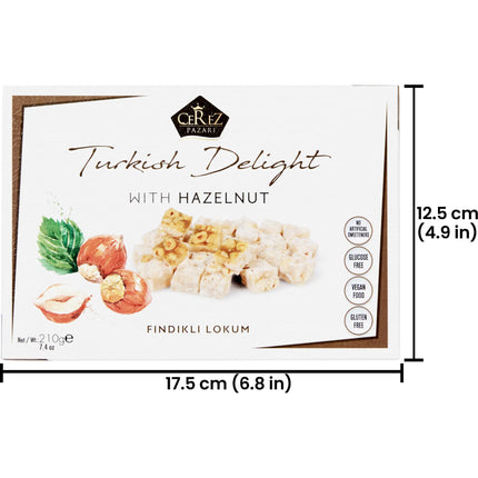 Cerez Pazari Turkish Delight Hazelnut Candy Gourmet Premium Vegan Sweets Small Gift Box 7.4oz | Luxury Traditional Soft Confectionery Turkish Delight (Loukoumi) | Small Size Snacks Apprx.35 Pcs