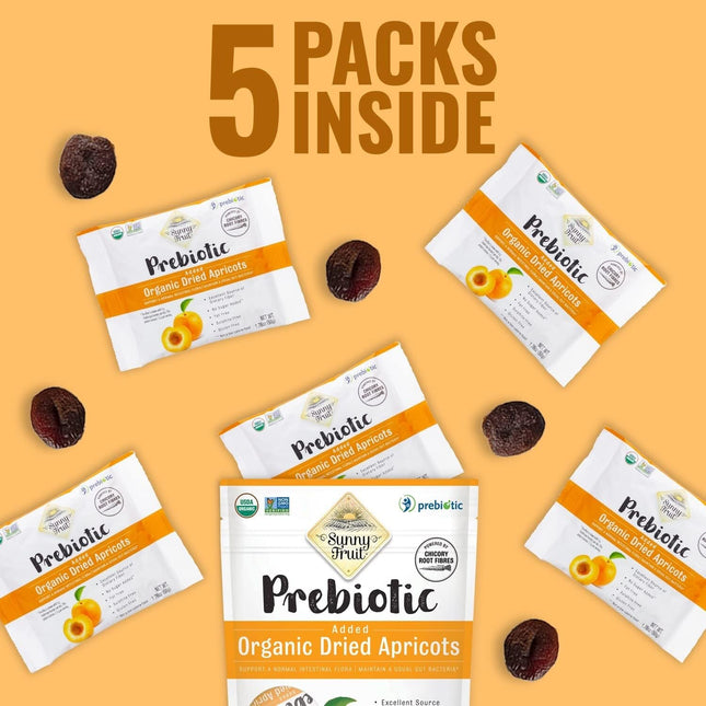 Sunny Fruit Organic Prebiotic Apricots - 6 Bags (30 Individual Portion Packs) | Convenient Snack Packs with Prebiotic Fiber | ORGANIC, NON-GMO, KOSHER, HALAL, NO PRESERVATIVES, NO SUGAR ADDED