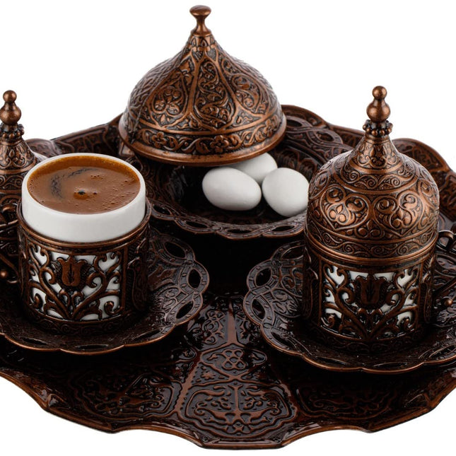 DEMMEX Turkish Greek Arabic Coffee Making and Serving Full Set with Cups, Saucers, Lids, Sugar Bowl, Tray and Antiqued Copper Coffee Pot, 12 Pcs (Chocolate)
