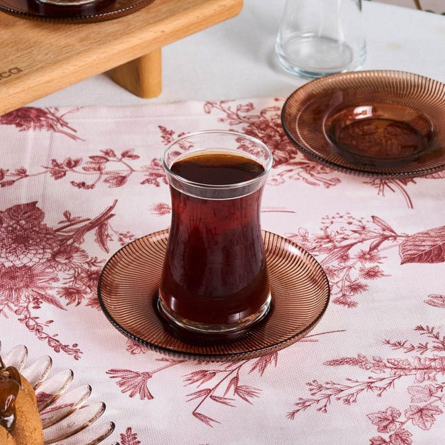 Karaca Juliet Turkish Tea Cups Set of 12, 170ml/5.74oz Turkish Tea Glasses with Brown Detail Saucers for 6 People, Ideal Glass Set for Mother's Day and Housewarming