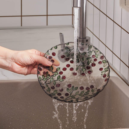 KARACA Berry 11" Cake Stand and Dessert Plates Set for 6 People - Glass, Round &amp; Berry Pattern - Large Side Plates for Tea Party - Ideal for Serving Cupcakes, Donuts, and More (7 Pieces)