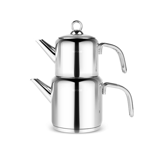 Karaca New Mani Turkish Tea Set for Stovetop, Induction Base Stainless Steel Tea Maker (1L Teapot & 2L Tea Kettle), Dishwasher Safe, Non-Burning Handles Samovar Style