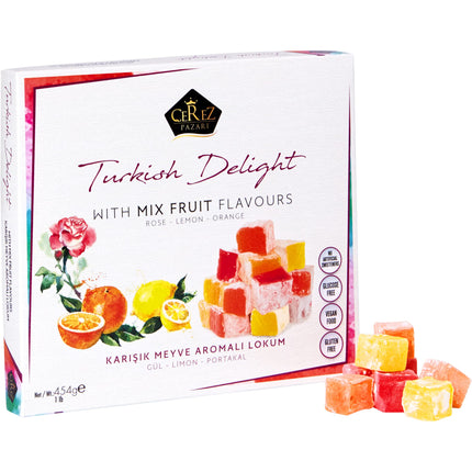 Cerez Pazari Turkish Delight With Rose, Orange, &amp; Lemon Flavors, Gourmet Medium Size Snacks Gift Box, Traditional Confectionery Loukoumi, Vegan Candy Dessert Turkish Delight, No Nuts, 16 oz.