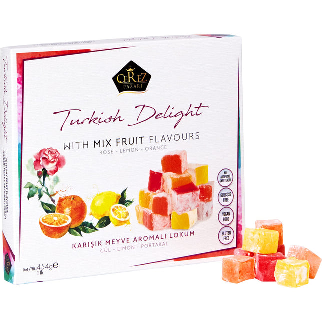 Cerez Pazari Turkish Delight With Rose, Orange, &amp; Lemon Flavors, Gourmet Medium Size Snacks Gift Box, Traditional Confectionery Loukoumi, Vegan Candy Dessert Turkish Delight, No Nuts, 16 oz.