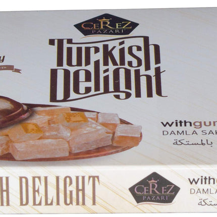Cerez Pazari Turkish Delight with Fantastic Gum Mastic 7 oz Gourmet Small Size Snacks Gift Box | No Nuts Sweet Luxury Traditional Confectionery Vegan Soft Candy Dessert Glucose Free Turkish Delight (Loukoumi) Approx.18 Pcs