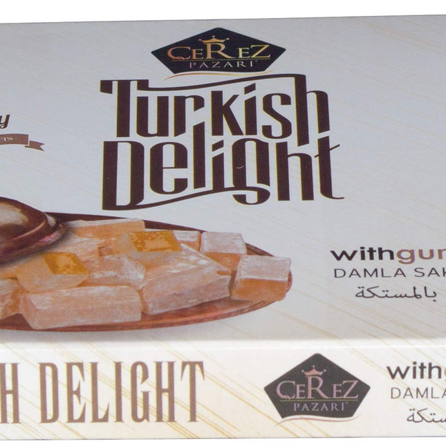 Cerez Pazari Turkish Delight with Fantastic Gum Mastic 7 oz Gourmet Small Size Snacks Gift Box | No Nuts Sweet Luxury Traditional Confectionery Vegan Soft Candy Dessert Glucose Free Turkish Delight (Loukoumi) Approx.18 Pcs