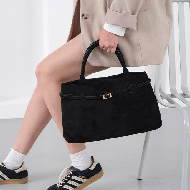 Base'ic Black Suede Tote Bag - Vegan Black Suede Purses for Women with Gold Hardware, Adjustable Belt, Magnetic Closure - Elegant Shoulder Bag Hobo Bag - Stylish Suede Purse - Work Bag, City Bag