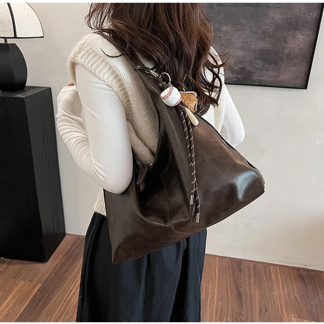 Base'ic Women's Vintage Hobo Vegan Leather Shoulder Bag – Large Capacity Crossbody Purse with Baseball Charm (Dark Brown)