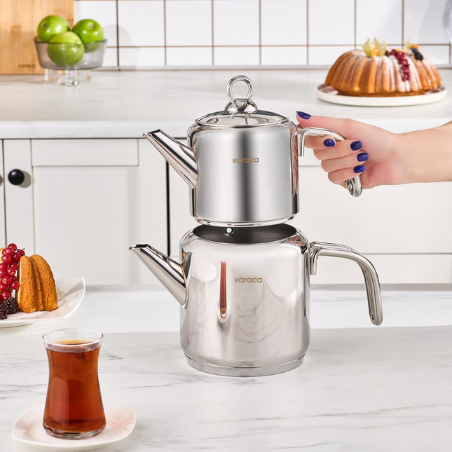 Karaca New Mani Turkish Tea Set for Stovetop, Induction Base Stainless Steel Tea Maker (1L Teapot &amp; 2L Tea Kettle), Dishwasher Safe, Non-Burning Handles Samovar Style