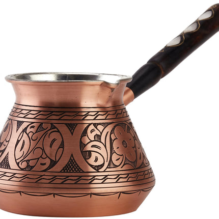 DEMMEX Thickest Copper Turkish Greek Arabic Coffee Pot, Stovetop Coffee Maker, Cezve Ibrik Briki with Wooden Handle &amp; Wooden Spoon, Hand Engraved (Matte Copper, 15 fl Oz)