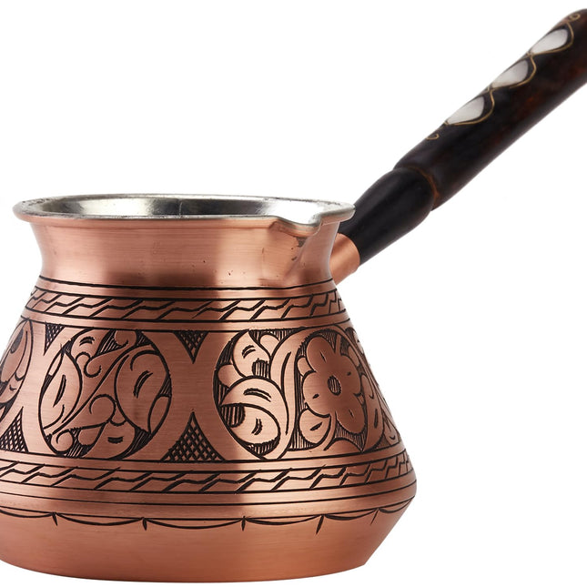 DEMMEX Thickest Copper Turkish Greek Arabic Coffee Pot, Stovetop Coffee Maker, Cezve Ibrik Briki with Wooden Handle &amp; Wooden Spoon, Hand Engraved (Matte Copper, 15 fl Oz)