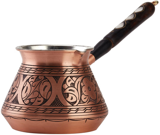 DEMMEX Thickest Copper Turkish Greek Arabic Coffee Pot, Stovetop Coffee Maker, Cezve Ibrik Briki with Wooden Handle & Wooden Spoon, Hand Engraved (Matte Copper, 15 fl Oz)