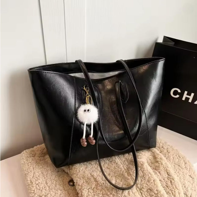 Base'ic Women's Large Vegan Leather Tote Bag – Shoulder Handbag with Inner Pocket &amp; Decorative Charm, Work &amp; Travel Purse (Black)