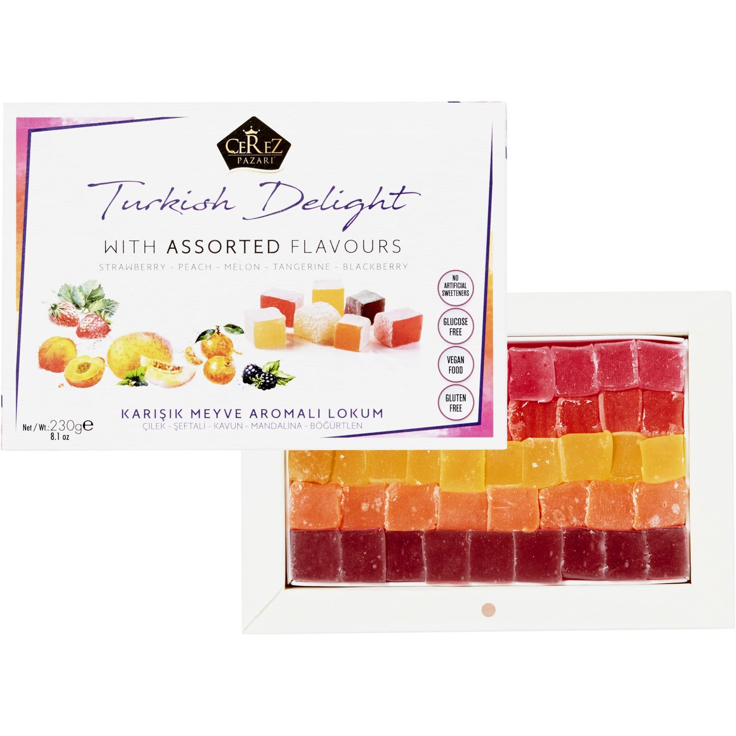 Cerez Pazari Turkish Delights Candy With Assorted Mix Flavors, Vegan Fruit Snacks Gift Box, Sweet Luxury Traditional Confectionery Lokum, Loukoumi With No Nuts, 8.1 oz.