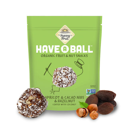 Sunny Fruit 100% RAW Fruit &amp; Nut Snacks, Apricot, Cacao Nibs &amp; Hazelnut, 1-Pack (9 Balls Per Bag) | Healthy, Convenient, On-the-Go Energy Balls | ORGANIC, VEGAN, GLUTEN-FREE, KOSHER, NO ADDED SUGAR