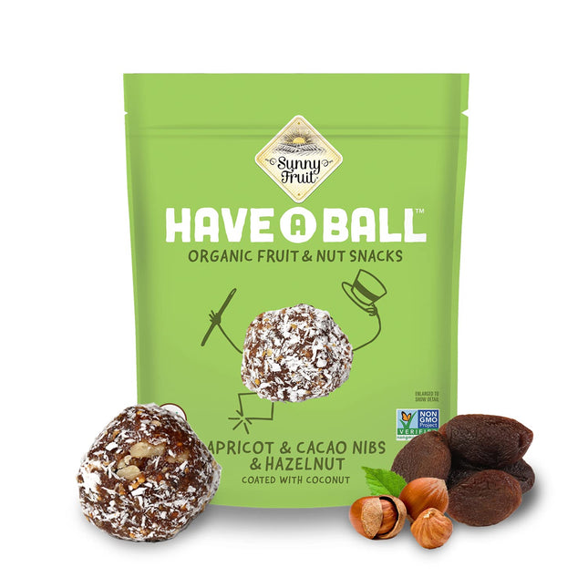 Sunny Fruit 100% RAW Fruit & Nut Snacks, Apricot, Cacao Nibs & Hazelnut, 1-Pack (9 Balls Per Bag) | Healthy, Convenient, On-the-Go Energy Balls | ORGANIC, VEGAN, GLUTEN-FREE, KOSHER, NO ADDED SUGAR