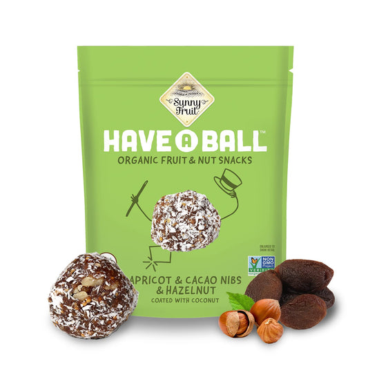 Sunny Fruit 100% RAW Fruit & Nut Snacks, Apricot, Cacao Nibs & Hazelnut, 1-Pack (9 Balls Per Bag) | Healthy, Convenient, On-the-Go Energy Balls | ORGANIC, VEGAN, GLUTEN-FREE, KOSHER, NO ADDED SUGAR