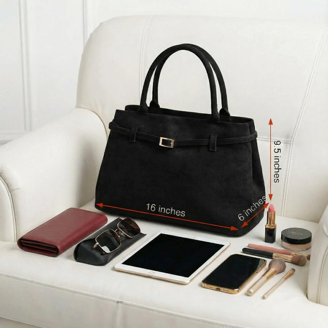 Base'ic Black Suede Tote Bag - Vegan Black Suede Purses for Women with Gold Hardware, Adjustable Belt, Magnetic Closure - Elegant Shoulder Bag Hobo Bag - Stylish Suede Purse - Work Bag, City Bag