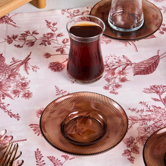 Karaca Juliet Turkish Tea Cups Set of 12, 170ml/5.74oz Turkish Tea Glasses with Brown Detail Saucers for 6 People, Ideal Glass Set for Mother's Day and Housewarming