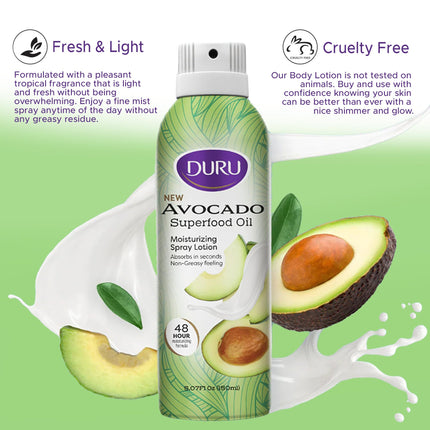 Duru Avocado Moisturizing Spray Lotion - Spray Moisturizer Avocado Oil Lotion 48 Hour Moisture Body Lotion