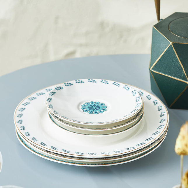 Karaca Iznik Turkish Teacups & Appetizer Plate Set for 6 People - Colorful Dessert Plates (7.4"), Small Turkish Tea Glasses with Saucers - 18 Piece Glass Tea Cups & Porcelain Dish Set