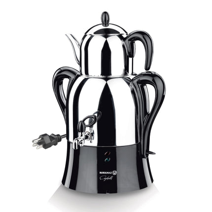 Korkmaz Caykolik A341-14 Stainless Steel Samovar, Upper Pot 1.1 L (37.1 Oz), Bottom Pot 3 L (101.4 Oz) Electric Turkish Tea Maker Set, Double Pots, Inox, Chrome, Black 110 V US Plug, 4.3- Quart