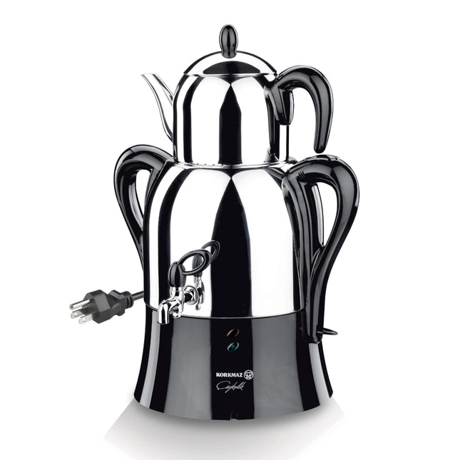 Korkmaz Caykolik A341-14 Stainless Steel Samovar, Upper Pot 1.1 L (37.1 Oz), Bottom Pot 3 L (101.4 Oz) Electric Turkish Tea Maker Set, Double Pots, Inox, Chrome, Black 110 V US Plug, 4.3- Quart