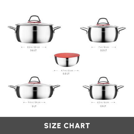 KARACA Stainless Steel Cookware Emirgan XL Set of 10 Piece, Pot, Deep Pot, Casserole, Container with Lid, Easy to Use Stylish Handles, Heat Resistant Cover, Essential Kitchen Accessory