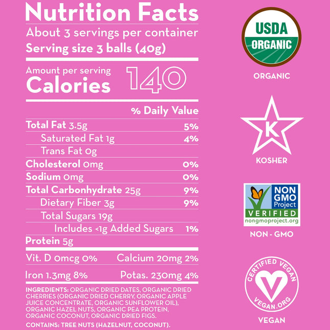 Sunny Fruit 100% RAW Fruit & Nut Snacks, Cherry & Hazelnut, 1-Pack (9 Balls Per Bag) | Healthy, Convenient, On-the-Go Energy Balls | ORGANIC, VEGAN, GLUTEN-FREE, KOSHER, NO ADDED SUGAR