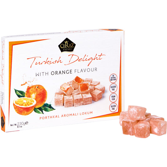 Cerez Pazari Turkish Delight Orange Flavor, Gourmet Small Size Snacks Gift Box, Sweet Traditional Confectionery, Vegan Soft Candy Dessert Loukoumi, Nut & Glucose-Free Lokum, Approx. 40 Pcs, 8.1 oz.