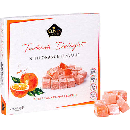 Cerez Pazari Turkish Delight with Orange Flavor 454 gr Gourmet Medium Size Snacks Gift Box | No Nuts Sweet Luxury Traditional Confectionery Vegan Soft Candy Dessert Glucose Free Lokum Approx.42 Pcs