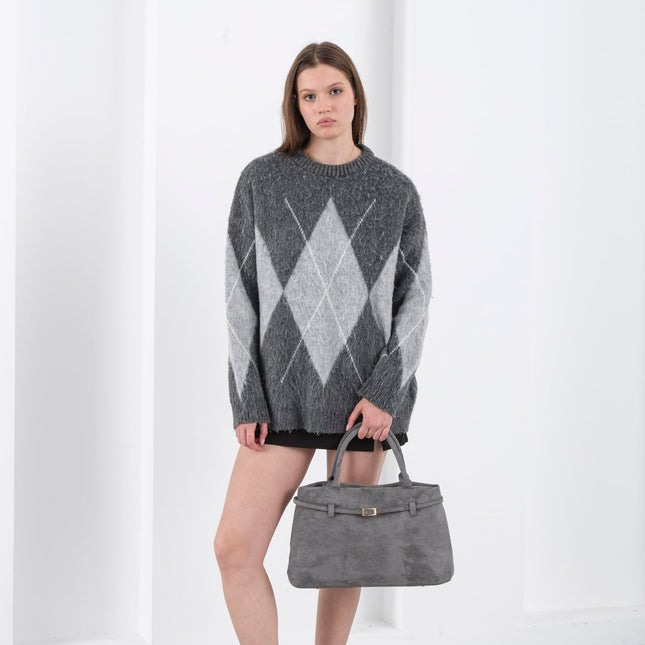 Base'ic Gray Suede Tote Bag - Vegan Gray Suede Purses for Women with Gold Hardware, Adjustable Belt, Magnetic Closure - Elegant Shoulder Bag Hobo Bag - Stylish Suede Purse - Work Bag, City Bag