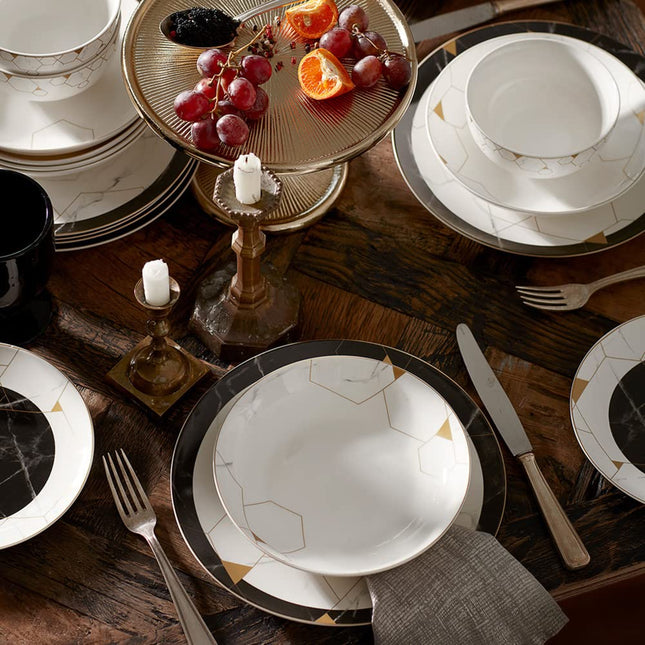 Karaca Blue Gem Bone China Dinner Service Set for 6 People - 24-Piece Dinnerware Set with Plate and Bowl Set, Round Dinnerware Set, Black, White &amp; Gold Dinner Set